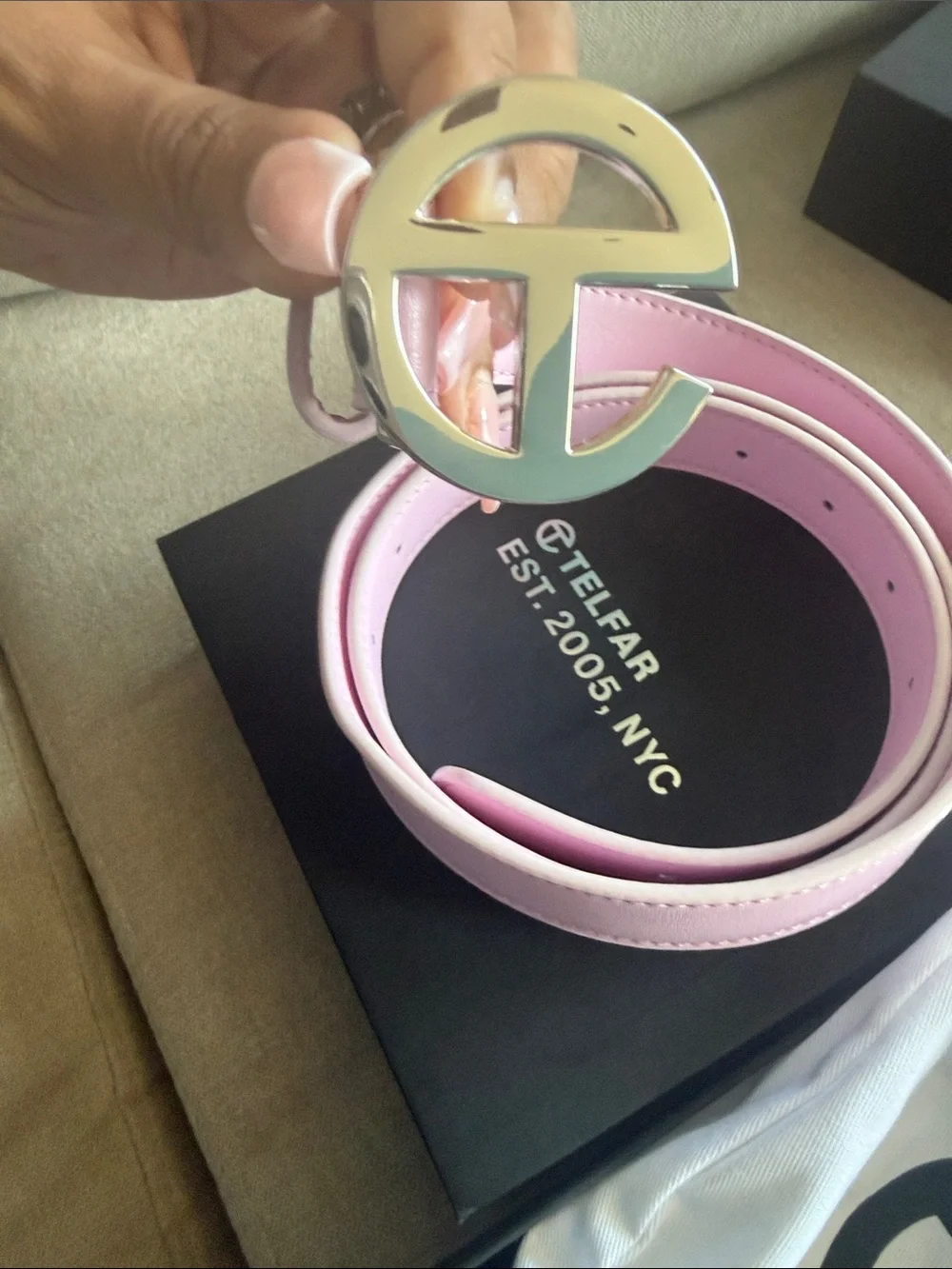 Telfar Pastel Pink Leather Signature Logo Belt